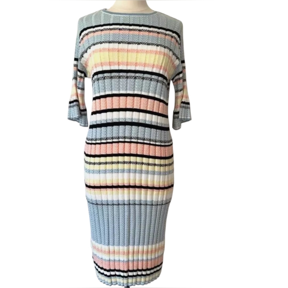 Anthropologie Women's Maeve Pastel Strip Spring Sweater Dress size S Flutter